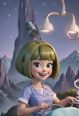 1girl,solo,looking at viewer,smile,short hair,open mouth,bangs,blue eyes,blonde hair,shirt,white shirt,upper body,short sleeves,:d,hairband,small breasts,outdoors,green hair,sky,teeth,collared shirt,blunt bangs,tree,night,bob cut,blue shirt,child,star (sky),night sky,starry sky,freckles,mountain,female child,blush,nail polish,lips,eyelashes,nose