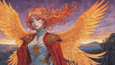 1girl,solo,long hair,breasts,looking at viewer,cleavage,brown eyes,jewelry,medium breasts,upper body,red hair,outdoors,wings,sky,cloud,cape,orange hair,armor,lips,floating hair,bird,wind,feathered wings,sunset,circlet,mountain,yellow wings,dress,earrings,necklace,detached collar,shoulder armor