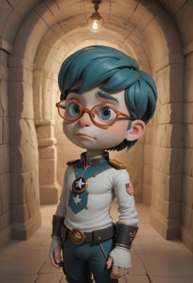 solo,looking at viewer,short hair,blue eyes,long sleeves,1boy,jewelry,closed mouth,blue hair,standing,male focus,necktie,glasses,belt,pants,artist name,indoors,star (symbol),uniform,military,military uniform,thick eyebrows,child,clenched hands,freckles,red-framed eyewear,epaulettes,blue necktie,round eyewear,arms at sides,male child,badge,american flag,medal,union jack,gloves,fingerless gloves