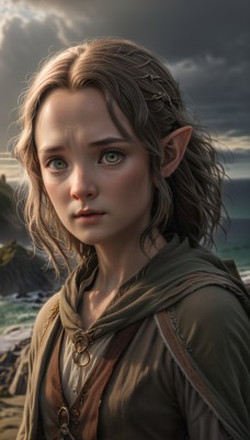 1girl,solo,long hair,looking at viewer,brown hair,jewelry,closed mouth,green eyes,upper body,braid,earrings,outdoors,sky,pointy ears,artist name,cloud,hood,medium hair,water,cape,blurry,lips,grey eyes,blood,blurry background,ocean,cloudy sky,elf,cloak,forehead,freckles,realistic,nose,short hair,blonde hair,parted lips,day,beach,sunlight