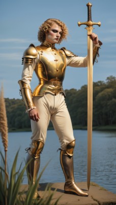 1girl,solo,blonde hair,brown hair,long sleeves,1boy,holding,closed mouth,standing,full body,weapon,male focus,boots,outdoors,sky,day,pants,sword,water,holding weapon,armor,blurry,blue sky,lips,blurry background,holding sword,grass,shoulder armor,curly hair,pauldrons,breastplate,realistic,white pants,planted,planted sword,lake,gold armor,short hair,closed eyes,belt,tree,makeup,wavy hair,armored boots,greaves