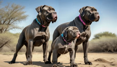 HQ,looking at viewer,red eyes,standing,outdoors,sky,day,collar,tree,blue sky,no humans,shadow,animal,dog,realistic,leash,animal focus,tongue,signature,tongue out