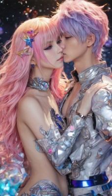 1girl,long hair,breasts,short hair,bangs,hair ornament,1boy,jewelry,closed eyes,pink hair,hetero,earrings,parted lips,detached sleeves,choker,belt,armor,blurry,from side,lips,couple,kiss,gem,bikini armor,bare shoulders,upper body,collar,realistic,imminent kiss