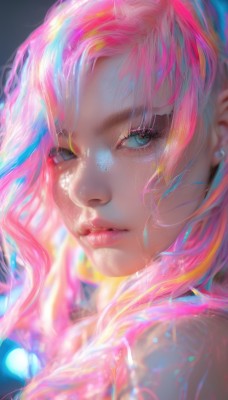 1girl,solo,long hair,looking at viewer,bangs,blue eyes,jewelry,pink hair,braid,multicolored hair,earrings,parted lips,blurry,lips,eyelashes,makeup,portrait,close-up,freckles,realistic,nose,chromatic aberration,green eyes,artist name,signature,watermark,pink lips