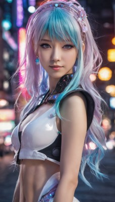 1girl,solo,long hair,breasts,looking at viewer,smile,bangs,navel,jewelry,closed mouth,blue hair,upper body,pink hair,multicolored hair,hairband,earrings,small breasts,sleeveless,midriff,necklace,blurry,two-tone hair,lips,crop top,see-through,grey eyes,makeup,depth of field,blurry background,realistic,cleavage,medium breasts,white hair,signature,stomach,eyelashes,watermark,bokeh