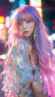 1girl,solo,long hair,looking at viewer,bangs,blue eyes,jewelry,upper body,pink hair,earrings,parted lips,hand up,blurry,bracelet,lips,see-through,makeup,depth of field,blurry background,wavy hair,ring,gem,realistic,multicolored hair,blunt bangs,nail polish,fingernails,eyelashes,pink nails,pink lips,nose,bokeh