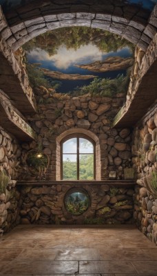 outdoors,sky,day,cloud,indoors,water,tree,no humans,window,plant,scenery,rock,stairs,fantasy,ruins,bridge,arch,moss,overgrown,mushroom,stone,round window