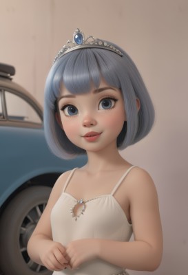 1girl,solo,looking at viewer,blush,smile,short hair,bangs,blue eyes,dress,bare shoulders,jewelry,closed mouth,collarbone,upper body,grey hair,small breasts,sleeveless,artist name,blunt bangs,nail polish,white dress,blurry,flat chest,lips,grey eyes,bare arms,eyelashes,sleeveless dress,blurry background,bob cut,own hands together,tiara,ground vehicle,child,motor vehicle,freckles,female child,breasts,parted lips,signature,watermark,gem,web address,realistic,car,deviantart username