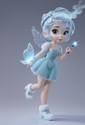 1girl,solo,looking at viewer,smile,short hair,blue eyes,dress,holding,blue hair,standing,full body,hairband,boots,wings,lips,see-through,blue dress,standing on one leg,bug,butterfly,child,smoke,wand,fairy wings,fairy,holding wand,butterfly wings,ice skates,artist name,fur trim,makeup,watermark,web address,ice,ankle boots,snowflakes