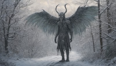 solo,1boy,standing,monochrome,male focus,outdoors,wings,horns,sky,cloud,tree,torn clothes,no humans,glowing,cloudy sky,scenery,glowing eyes,feathered wings,snow,1other,monster,bare tree,looking at viewer,full body,greyscale,nature,forest,fog