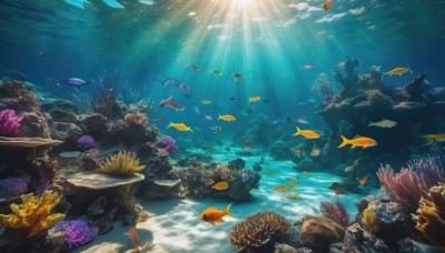 water,no humans,ocean,animal,sunlight,scenery,fish,bubble,light rays,rock,underwater,air bubble,sunbeam,turtle,coral,swimming,caustics,clownfish