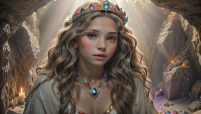 1girl,solo,long hair,breasts,looking at viewer,blush,brown hair,dress,cleavage,brown eyes,jewelry,collarbone,upper body,earrings,parted lips,teeth,solo focus,artist name,necklace,blurry,lips,grey eyes,wavy hair,sunlight,tiara,crown,gem,pendant,freckles,curly hair,light rays,crystal,realistic,fantasy,candle,pearl necklace,cave,blonde hair,medium breasts,rock