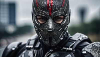 solo,looking at viewer,1boy,brown eyes,upper body,male focus,outdoors,armor,blurry,bodysuit,mask,depth of field,blurry background,helmet,portrait,science fiction,1girl,shiny,close-up,realistic