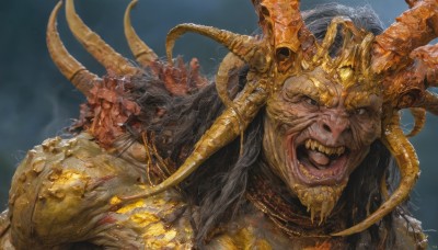 solo,long hair,looking at viewer,open mouth,black hair,1boy,upper body,male focus,horns,teeth,tongue,signature,armor,chain,fangs,crown,portrait,spikes,monster,crack,artist name,grey eyes,no humans,blue background,sharp teeth,realistic,scales,gold,multiple horns,tusks,gold armor