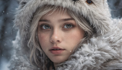 1girl, solo, looking at viewer, blonde hair, parted lips, hood, blurry, lips, grey eyes, fur trim, eyelashes, portrait, snow, close-up, freckles, snowing, realistic, nose