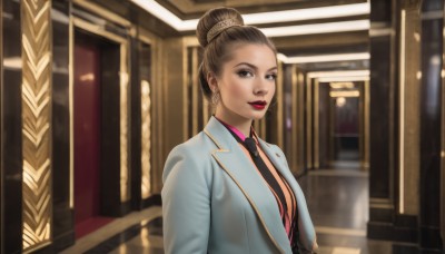 1girl,solo,looking at viewer,smile,brown hair,shirt,brown eyes,jewelry,jacket,upper body,earrings,necktie,collared shirt,indoors,hair bun,blurry,lips,makeup,blurry background,formal,single hair bun,suit,lipstick,black necktie,forehead,pink shirt,red lips,breasts,medium breasts,parted lips,open clothes,teeth,dark skin,dark-skinned female,blazer,blue jacket,red shirt,realistic,nose