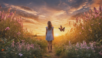 1girl, solo, long hair, brown hair, dress, standing, flower, outdoors, sky, cloud, from behind, cloudy sky, grass, bug, butterfly, scenery, sunset, facing away, field