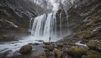 1girl, solo, standing, outdoors, water, tree, nature, scenery, forest, rock, river, waterfall