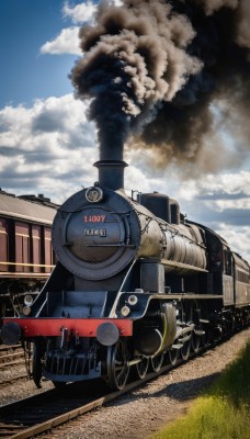 outdoors,sky,day,cloud,blue sky,military,no humans,cloudy sky,grass,ground vehicle,building,motor vehicle,smoke,military vehicle,road,tank,vehicle focus,train,caterpillar tracks,world war ii,cannon,damaged