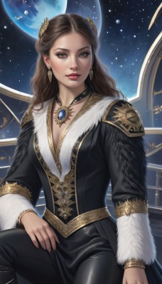 1girl,solo,long hair,breasts,looking at viewer,brown hair,hair ornament,long sleeves,dress,cleavage,brown eyes,jewelry,medium breasts,sitting,earrings,parted lips,sky,choker,pants,artist name,necklace,bracelet,lips,fur trim,makeup,night,watermark,black pants,moon,lipstick,gem,star (sky),full moon,pendant,starry sky,gold trim,realistic,nose,red lips,space,planet,earth (planet),forehead