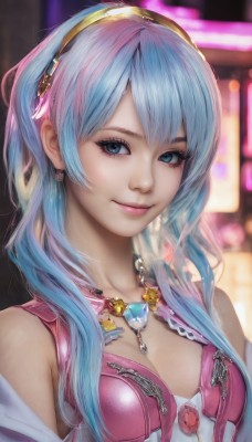 1girl,solo,long hair,breasts,looking at viewer,smile,bangs,blue eyes,cleavage,bare shoulders,jewelry,medium breasts,closed mouth,blue hair,upper body,pink hair,multicolored hair,hairband,earrings,necklace,blurry,lips,eyelashes,makeup,blurry background,gem,pendant,realistic,nose,small breasts,artist name