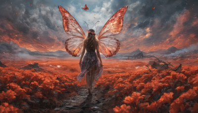 1girl, solo, long hair, dress, standing, outdoors, wings, sky, barefoot, cloud, from behind, dutch angle, cloudy sky, bug, butterfly, scenery, antennae, facing away, butterfly wings, insect wings