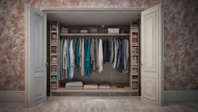 jacket,shoes,indoors,no humans,chair,scenery,wooden floor,door,locker,still life,shirt,necktie,floor,clothes