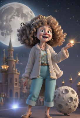 1girl,solo,long hair,looking at viewer,smile,open mouth,brown hair,brown eyes,jewelry,standing,jacket,full body,earrings,outdoors,sky,shoes,teeth,belt,pants,dark skin,black eyes,high heels,dark-skinned female,coat,fur trim,night,brown footwear,moon,star (sky),night sky,full moon,starry sky,curly hair,hoop earrings,overalls,big hair,tower,fur coat,afro,long sleeves,open clothes,artist name,necklace,blurry,open jacket,blurry background,watermark,denim,jeans,jumpsuit