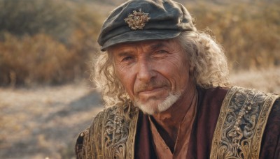 solo,looking at viewer,blue eyes,blonde hair,1boy,hat,closed mouth,upper body,white hair,male focus,outdoors,day,blurry,tree,depth of field,blurry background,facial hair,portrait,beard,blue headwear,curly hair,realistic,mustache,manly,old,old man,wrinkled skin,armor