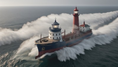 outdoors,sky,cloud,water,military,no humans,ocean,smoke,turret,cannon,military vehicle,anchor,watercraft,vehicle focus,ship,waves,smokestack,world war ii,warship,day,cloudy sky,scenery