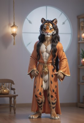 solo,long hair,looking at viewer,smile,black hair,long sleeves,1boy,animal ears,jewelry,very long hair,standing,collarbone,tail,full body,male focus,food,open clothes,barefoot,belt,artist name,indoors,wide sleeves,necklace,blurry,black eyes,grey eyes,window,muscular,fruit,fangs,chair,abs,table,pectorals,animal print,furry,pendant,toned,robe,wooden floor,furry female,lamp,furry male,tiger ears,tiger print,body fur,tiger tail,animal nose,orange (fruit),tiger,snout,furrification,blue eyes,closed mouth,braid,teeth,depth of field,blurry background,watermark,plant,sharp teeth,muscular male,bara,web address,claws,clenched hands,colored sclera,vase,whiskers,2022,painting (object),black fur,tiger boy,orange fur,tiger stripes