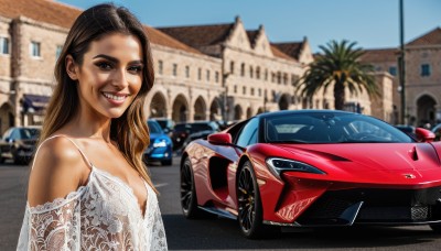 1girl,solo,long hair,breasts,looking at viewer,smile,open mouth,blonde hair,brown hair,black hair,dress,bare shoulders,brown eyes,upper body,multicolored hair,outdoors,teeth,day,white dress,grin,blurry,tree,gradient hair,blurry background,fangs,sharp teeth,ground vehicle,building,lace,motor vehicle,realistic,palm tree,car,vehicle focus,real life insert,sports car,photo background,real world location