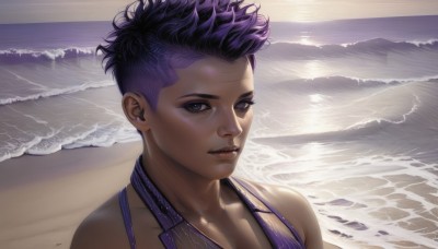 1girl,solo,looking at viewer,short hair,bare shoulders,purple eyes,collarbone,swimsuit,upper body,purple hair,bikini,outdoors,parted lips,day,dark skin,water,black eyes,dark-skinned female,lips,eyelashes,makeup,ocean,halterneck,beach,portrait,realistic,nose,sand,very short hair,undercut,waves,shore,sunlight,eyeshadow,asymmetrical hair