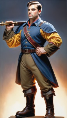 solo,looking at viewer,short hair,blue eyes,brown hair,shirt,long sleeves,1boy,holding,standing,full body,weapon,male focus,boots,belt,pants,sword,holding weapon,armor,hand on hip,gun,facial hair,brown footwear,realistic,over shoulder,brown pants,weapon over shoulder,black hair,closed mouth,muscular,holding sword,knee boots,blue shirt,muscular male,shoulder armor,sideburns,brown belt,leather,undercut,shoulder pads,leather belt,leather boots