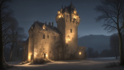 HQ,outdoors,sky,cloud,signature,tree,no humans,window,night,building,nature,night sky,scenery,snow,forest,lantern,mountain,light,road,dark,house,lamppost,bare tree,castle,fog,path,church,fantasy,door,tower,landscape,arch,gate