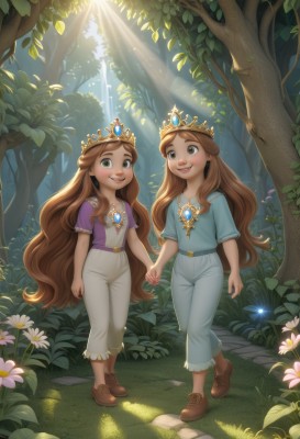 long hair,smile,open mouth,multiple girls,brown hair,shirt,2girls,brown eyes,jewelry,very long hair,flower,short sleeves,outdoors,shoes,day,belt,pants,artist name,necklace,looking at another,tree,holding hands,siblings,brown footwear,sunlight,grass,tiara,crown,plant,sisters,gem,child,nature,forest,walking,twins,light rays,purple shirt,sunbeam,dappled sunlight,dress,full body,teeth,aged down