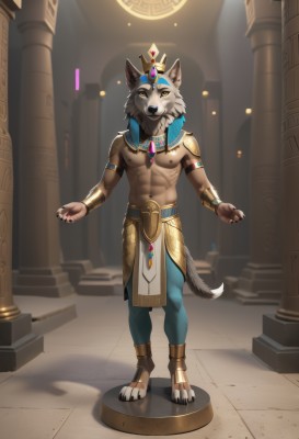 solo,looking at viewer,open mouth,1boy,navel,animal ears,jewelry,nipples,standing,tail,full body,yellow eyes,male focus,teeth,necklace,armor,bracelet,muscular,fangs,piercing,abs,wolf ears,crown,pectorals,muscular male,shoulder armor,bara,claws,wolf tail,pelvic curtain,furry,topless male,furry male,bare pectorals,pillar,egyptian,egyptian clothes,barefoot,black nails,armlet,anklet,bracer,grey fur