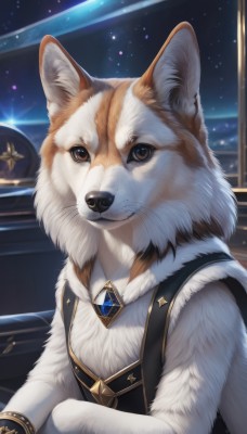 solo,looking at viewer,shirt,brown eyes,jewelry,upper body,sky,vest,no humans,window,night,animal,brooch,gem,star (sky),night sky,starry sky,dog,black vest,animal focus,white fur,blue gemstone,clothed animal,closed mouth,white shirt,animal ear fluff,space,shiba inu