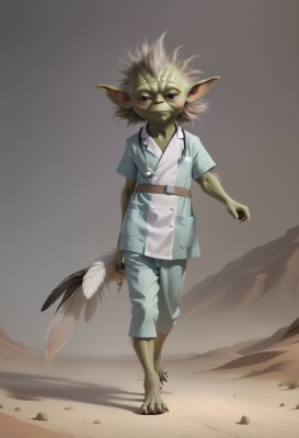 solo,looking at viewer,1boy,holding,brown eyes,standing,tail,full body,male focus,barefoot,pointy ears,colored skin,feathers,claws,furry,furry male,green skin,goblin,shirt,animal ears,closed mouth,short sleeves,outdoors,belt,pants,buttons,watermark,blue shirt,walking,green pants,dust