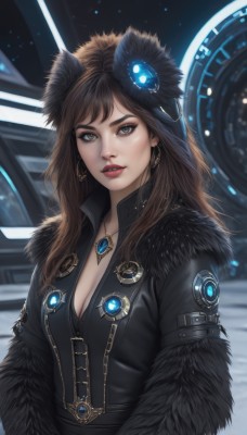 1girl,solo,long hair,breasts,looking at viewer,bangs,brown hair,hair ornament,dress,cleavage,brown eyes,jewelry,medium breasts,jacket,upper body,earrings,parted lips,teeth,artist name,necklace,mole,blurry,black dress,lips,grey eyes,fur trim,eyelashes,makeup,feathers,lipstick,brooch,gem,pendant,eyeshadow,realistic,nose,red lips,black jacket,freckles,eyeliner,fur