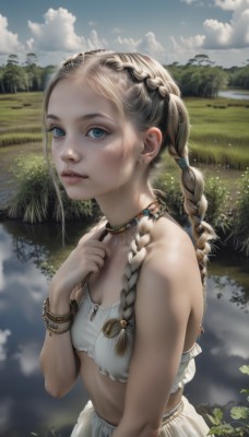 1girl,solo,long hair,breasts,looking at viewer,blue eyes,skirt,blonde hair,bare shoulders,jewelry,upper body,braid,earrings,small breasts,outdoors,parted lips,sky,teeth,day,midriff,cloud,hand up,necklace,twin braids,bracelet,tree,blue sky,lips,white skirt,cloudy sky,grass,nature,hair over shoulder,freckles,realistic,nose,hair ornament,cleavage,twintails,artist name,signature,water,crop top,piercing,forehead,field,lake