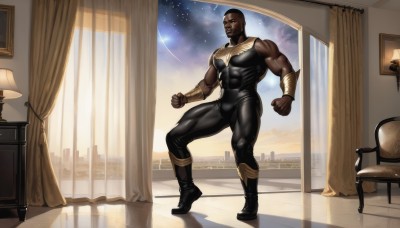 solo,short hair,1boy,full body,male focus,thighs,sky,indoors,dark skin,window,bodysuit,muscular,night,facial hair,chair,thick thighs,abs,dark-skinned male,pectorals,curtains,muscular male,star (sky),night sky,bara,skin tight,beard,clenched hands,large pectorals,bulge,city,mature male,black bodysuit,lamp,tight,bald,manly,biceps,superhero,very dark skin,covered abs,standing,boots,realistic