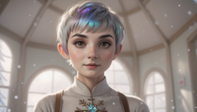 1girl,solo,looking at viewer,smile,short hair,bangs,shirt,brown eyes,jewelry,white shirt,upper body,grey hair,earrings,parted lips,artist name,indoors,blurry,lips,eyelashes,window,blurry background,portrait,snow,freckles,snowing,realistic,nose,blue hair,fur trim,makeup,thick eyebrows,lipstick,backlighting,red lips,stud earrings,snowflakes,very short hair