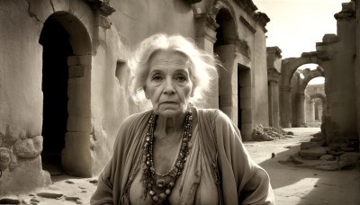 HQ,solo,looking at viewer,1boy,jewelry,monochrome,upper body,greyscale,male focus,necklace,facial hair,beard,robe,rock,realistic,ruins,old,sepia,old man,pillar,statue,old woman,column,wrinkled skin,1girl,breasts,short hair,cleavage,closed mouth,white hair,earrings,lips,sunlight,spot color,beads,pearl necklace,arch