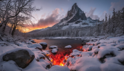 outdoors, sky, cloud, tree, no humans, fire, nature, scenery, snow, forest, rock, mountain, winter, bare tree, landscape