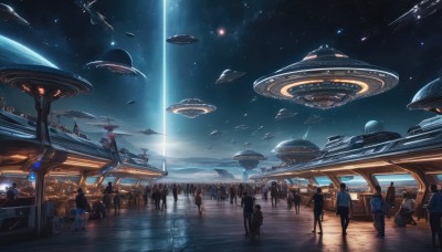 multiple girls,standing,outdoors,multiple boys,sky,cloud,water,night,6+girls,star (sky),night sky,scenery,starry sky,reflection,science fiction,6+boys,aircraft,fantasy,space,planet,spacecraft,shooting star,whale,hat,signature,bag,backpack,ground vehicle,flying,walking