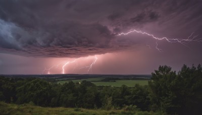 outdoors,sky,cloud,water,tree,no humans,ocean,cloudy sky,grass,nature,scenery,forest,mountain,horizon,electricity,lightning,landscape,green theme