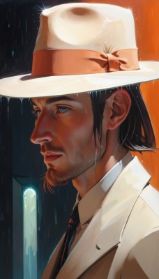 solo,short hair,blue eyes,shirt,black hair,1boy,hat,bow,white shirt,upper body,male focus,parted lips,necktie,collared shirt,from side,lips,wet,facial hair,white headwear,portrait,black necktie,beard,rain,realistic,mustache,stubble,brown hair,closed mouth,formal,suit,hat bow,water drop,nose,brown headwear