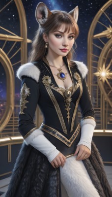 1girl,solo,long hair,breasts,looking at viewer,smile,bangs,brown hair,long sleeves,dress,animal ears,cleavage,brown eyes,jewelry,medium breasts,standing,collarbone,tail,cowboy shot,earrings,sky,necklace,black dress,lips,animal ear fluff,fur trim,makeup,night,gem,star (sky),night sky,pendant,starry sky,fur,holding,artist name,fox ears,ring,realistic