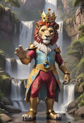 solo,looking at viewer,1boy,animal ears,jewelry,standing,full body,yellow eyes,male focus,red hair,boots,outdoors,belt,pants,water,armor,tree,crown,gem,claws,furry,rock,armored boots,furry male,lion ears,waterfall,lion,lion boy,no humans,nature,elephant